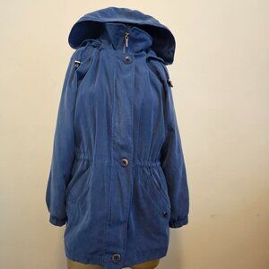 London Fog Zip-Up / Button Up Water Resistant Hooded Blue Coat XS